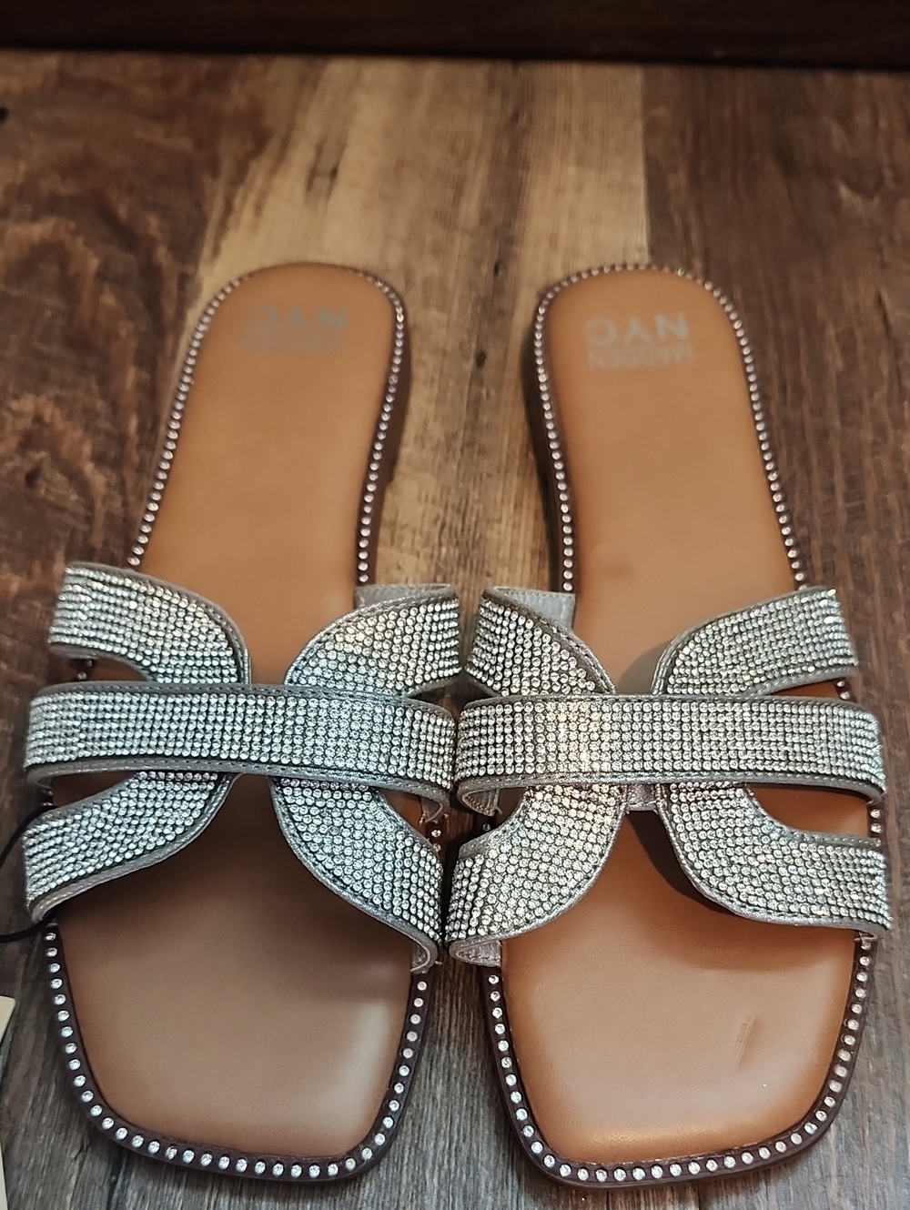 Madden Girl Silver Rhinestone Slide Sandals with Tan Footbed